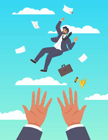 Hands saving falling businessman, flat vector illustration. Business support, assistance, financial aid. Helping hands.のイラスト素材
