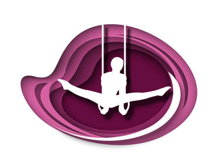 Artistics gymnastics. Male gymnast athlete sportsman silhouette doing exercises on rings, vector paper cut illustration.のイラスト素材