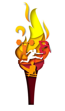 Flaming torch with athlete silhouettes, vector paper cut illustration. Sport competition torch relay opening ceremony.のイラスト素材