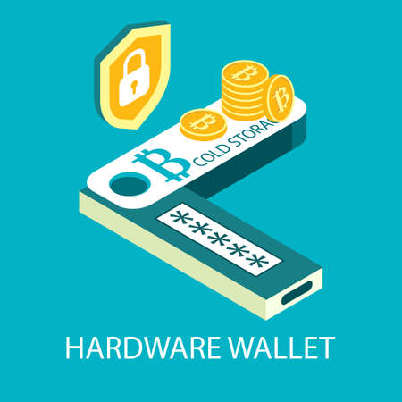 Hardware cryptocurrency wallet, vector isometric illustration. Digital money storage. Offline bitcoin crypto coin walletのイラスト素材