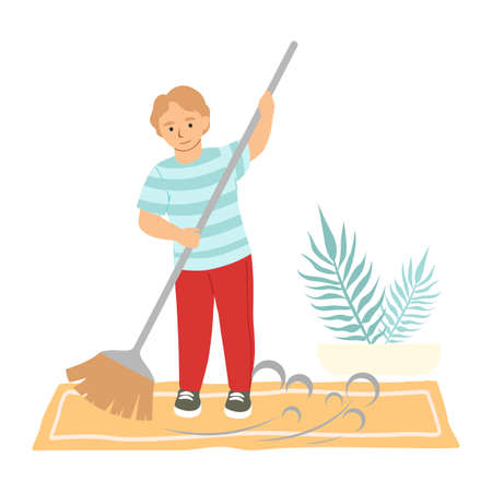 Cute boy sweeping floor with broom, helping parents with cleaning house, flat vector illustration. Kids household choresのイラスト素材