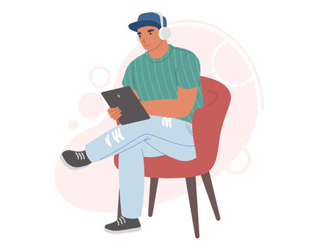 Woman in headphones listening to music, online radio, podcast, audiobook on tablet computer, vector illustration.のイラスト素材