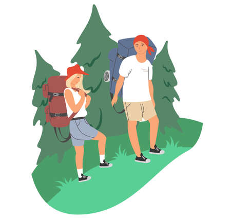 Happy couple with backpacks in forest, vector illustration. Hiking, camping, trekking. Summer outdoor activity. Travel.のイラスト素材