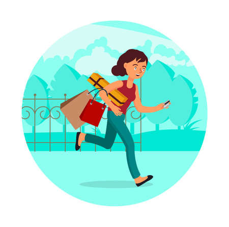 Woman running along the street with shopping bags and credit card, flat vector illustration. Online shopping addiction.のイラスト素材