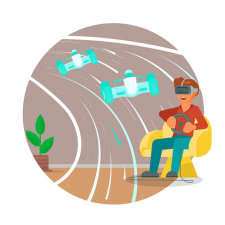 Young man gamer in VR glasses driving race car, vector illustration. Virtual reality game, simulation.のイラスト素材