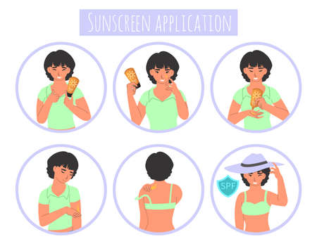 Sunscreen application steps, flat vector illustration. Sunburn protection procedure. Face and body skin care routine.のイラスト素材