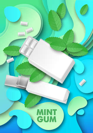 Mint chewing gum ads template, vector illustration. Pad and slab bubble gum package mockup, paper cut green mint leaves.のイラスト素材