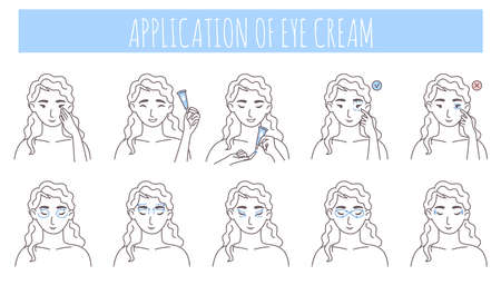 Eye cream application steps, vector illustration. Anti aging, dark circles, face skin care routine, beauty procedure.のイラスト素材