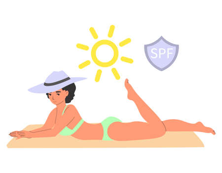 Woman sunbathing safely using sunscreen, flat vector illustration. Sunblock sun protection cream....