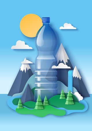 Blank drink water plastic bottle, paper cut mountains, forest trees, vector illustration. Clean water ads template.のイラスト素材