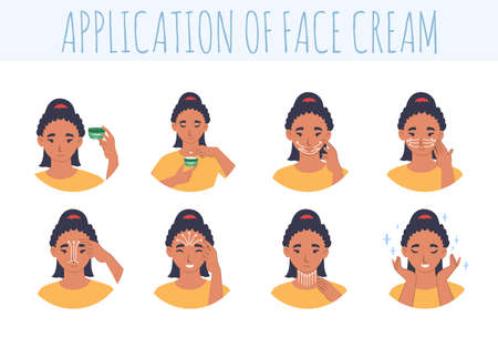 Face cream application steps, flat vector illustration. Facial skin care routine, beauty procedureのイラスト素材