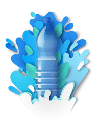 Drink water plastic bottle, paper cut liquid splashes and drops, vector illustration. Mineral water ads template.のイラスト素材