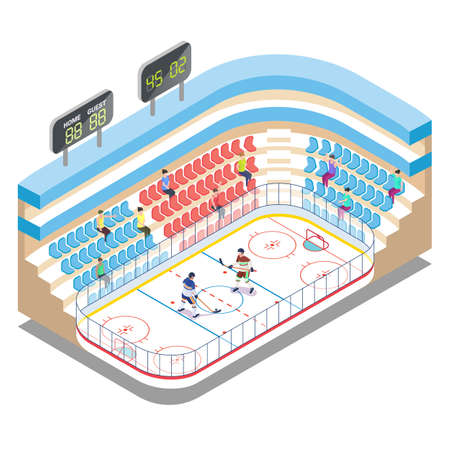 Isometric ice hockey stadium, players and fans, flat vector illustration. Ice hockey arena, rink, sport field, tribune.のイラスト素材