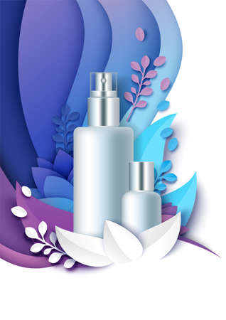 Cosmetic bottles mockup, paper cut floral background, vector illustration. Beauty and skin care product ads template.のイラスト素材