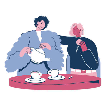 Happy women friends enjoying coffee drink, chatting sitting at table, flat vector illustration. Coffee break. Tea time.のイラスト素材