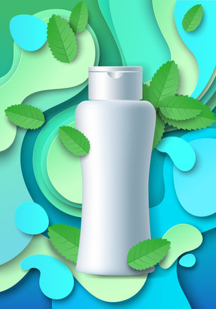 White blank cosmetic bottle mockup, paper cut mint leaves, splash, vector illustration. Mint hair shampoo ads templateのイラスト素材