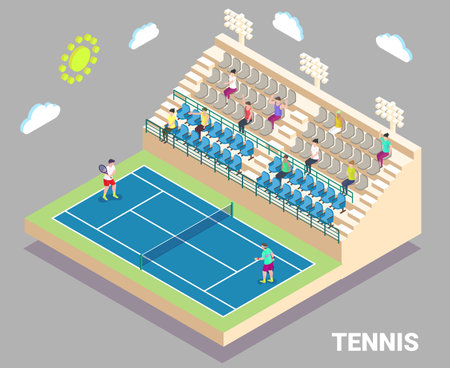 Isometric tennis stadium with outdoor court and tribune. Sport field with players and fans, flat vector illustration.のイラスト素材