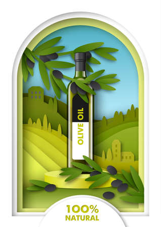 Olive oil bottle mockup on podium, paper cut olive tree branches, fields. Natural healthy food product ads, vector.のイラスト素材