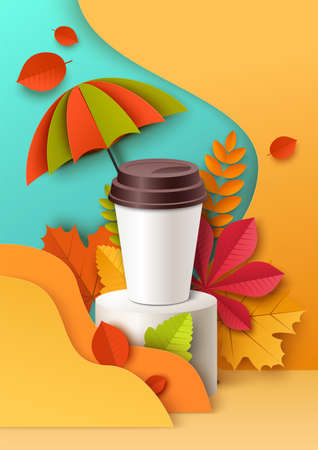 Plastic disposable cup on display podium, paper cut autumn background, vector illustration. Takeaway coffee, tea cup adsのイラスト素材