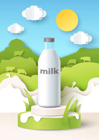 Milk bottle mockup on podium, paper cut fields, cows, milk splashes, vector illustration. Natural dairy food product adsのイラスト素材
