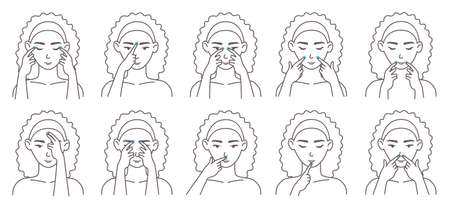 Facial acupressure massage therapy technique. Female character massaging face acupressure points, vector illustration.のイラスト素材