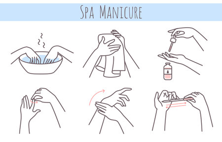 Spa manicure treatment steps. Cleanse, soak, moisturise, massage. Cut, file, shape. Nail beauty care vector illustrationのイラスト素材