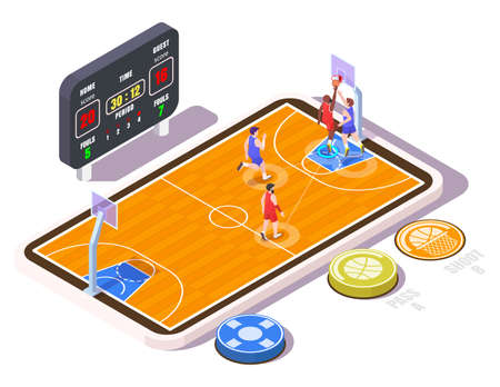 Isometric basketball court with players on smartphone screen, flat vector illustration. Basketball mobile game.のイラスト素材
