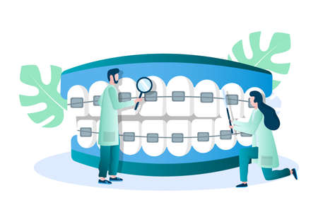 Doctor orthodontist examining teeth with braces, vector illustration. Dental brackets. Orthodontics,...