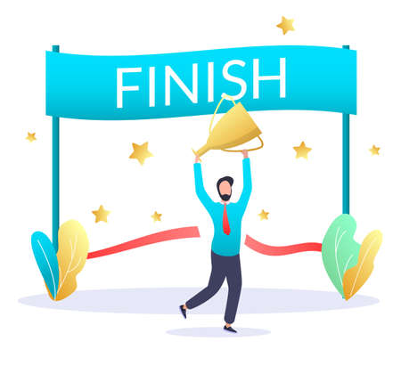 Finish line, happy businessman with trophy award cup, vector illustration. Finish business deal concept.のイラスト素材