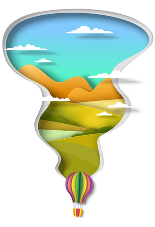 Hot air balloon flying over green hills and river, vector paper cut illustration. Travel, summer holidays, adventure.のイラスト素材