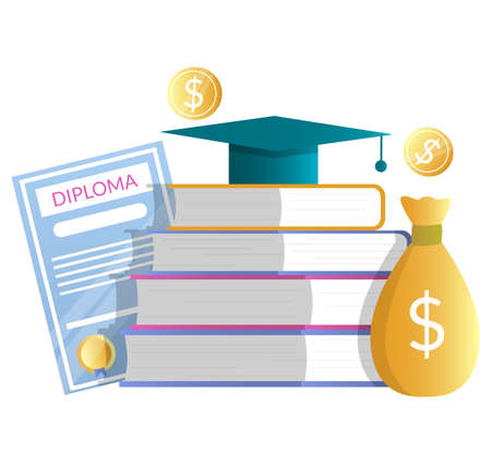 Diploma, money bag, books, academic hat, vector illustration. Education cost. Tuition fee, knowledge value, scholarship.のイラスト素材