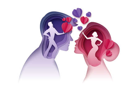 Man and woman looking at each other giving hearts, vector paper cut illustration. Couple in love. Romantic relationship.のイラスト素材