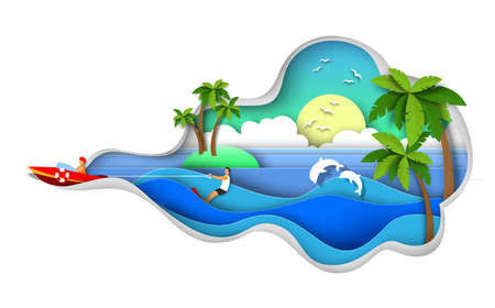 Man riding water ski, vector paper cut illustration. Water skiing, wakeboarding, extreme summer...