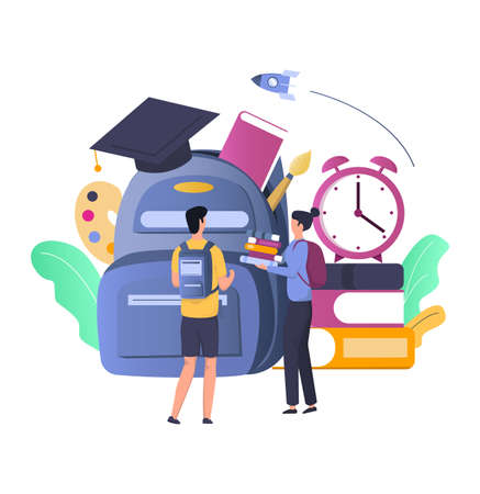 School bag with supplies, students boy and girl, pile of books, flat vector illustration. School and education.のイラスト素材