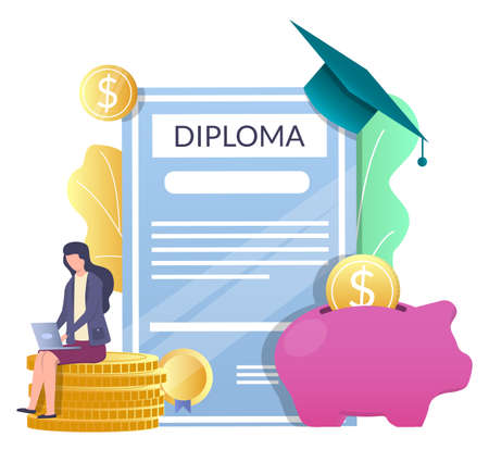 Diploma, graduation hat, piggy bank, woman sitting on coins, vector illustration. Student loan, saving education money.のイラスト素材