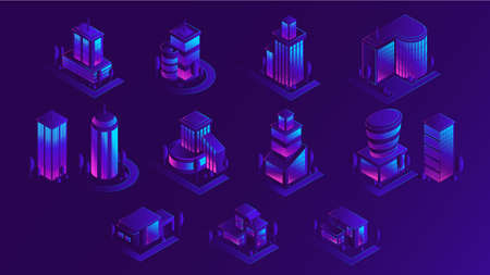 Isometric city building set, vector illustration. Urban modern architecture, purple neon lighting.