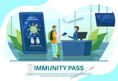 Airport check in. Smartphone with vaccine passport. Traveler with immunity certificate. Immunity pass poster template.のイラスト素材
