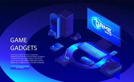 Game gadgets web banner template. Gamers equipment. Game console, controller, computer, vector...