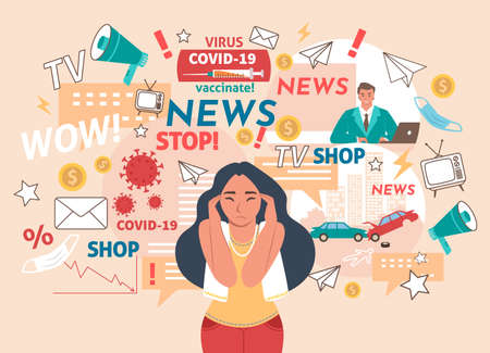 News noise. Coronavirus cases, vaccination, traffic accidents. Woman having headache, vector illustration.のイラスト素材
