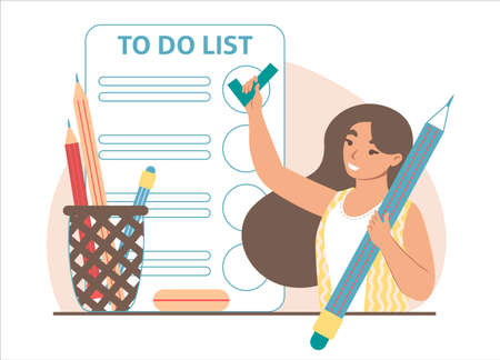 Woman adding check mark in to do list on smartphone screen, vector illustration. Task management, planning, scheduling.のイラスト素材