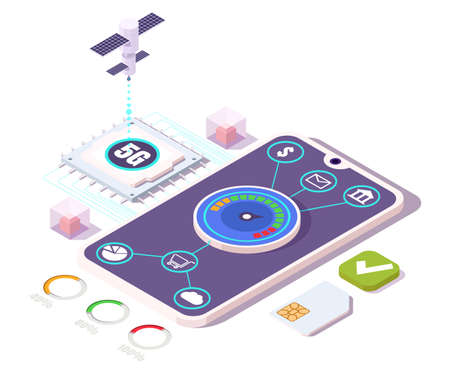 Isometric 5g smartphone with high speed internet for mobile shopping, payment transactions, communication vector conceptのイラスト素材