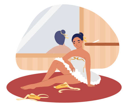 Creativity crisis, burnout. Tired ballet dancer, sad ballerina sitting on the floor, flat vector illustration.のイラスト素材
