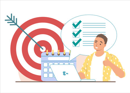 Target, calendar, to do list with check marks and businessman showing ok hand sign, vector illustration. Time managementのイラスト素材