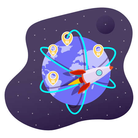 5g wireless network technology, global high speed internet, flat vector illustration. Rocket flying...