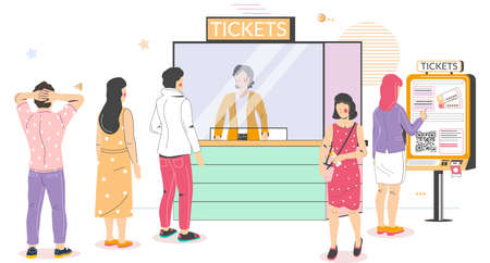 People buying cinema tickets at self service terminal and at movie ticket counter standing in queue, vector illustrationのイラスト素材