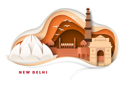 New Delhi city skyline, vector paper cut illustration. India Gate, Lotus Temple, world famous...