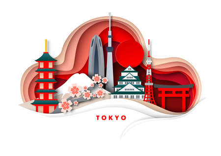 Tokyo city, vector paper cut illustration. Temples, tower, Japan famous landmarks and tourist attractions. Global travelのイラスト素材