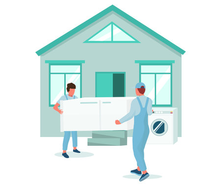 Two movers carrying refrigerator to house, vector illustration. Relocation. Moving company service. Electronic delivery.のイラスト素材