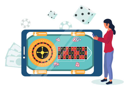 Mobile phone with roulette wheel, chips on screen. Woman playing casino mobile games online, flat vector illustration.のイラスト素材