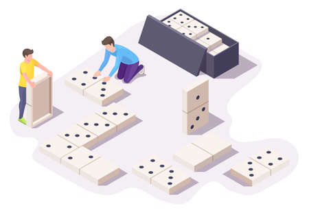Two boys friends playing dominoes board game sitting on floor, vector isometric illustration. Home leisure activities.のイラスト素材